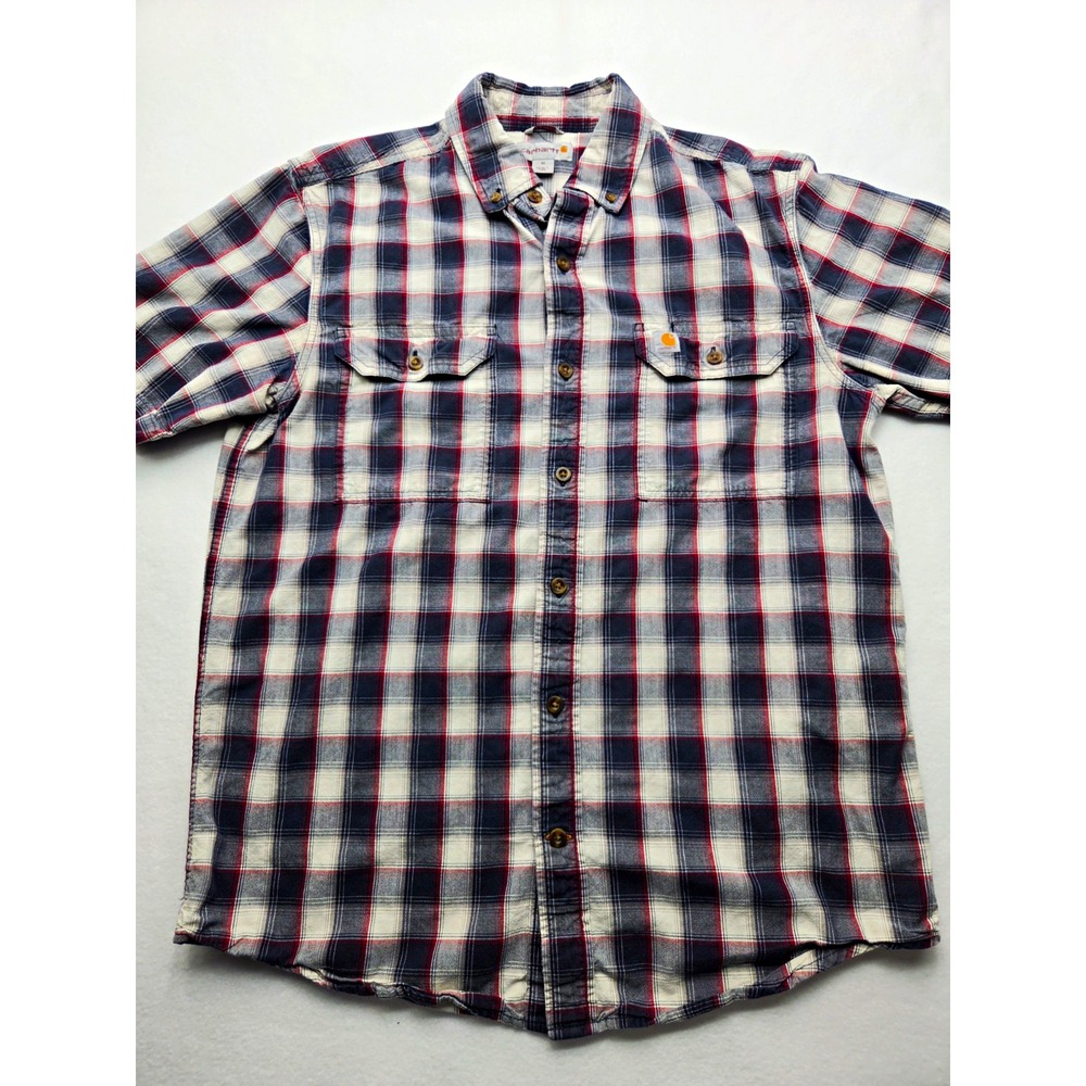 Carhartt Mens M Fort Plaid Shirt Navy Red Short Sleeve Relaxed Fit 102533